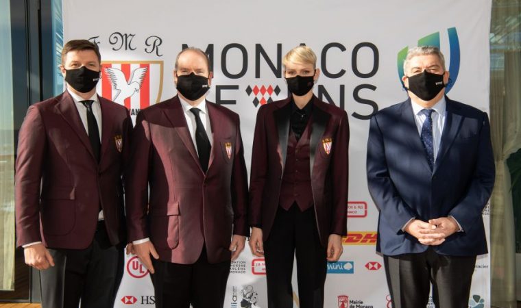 Présentation du tournoi Monaco Seven avec LL.AA.SS. le Prince Albert et la Princesse Charlène, Pierre Dartout, et M. Gareth Wittstock