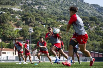 Les joueurs du Tonga s’entraîne pour le TQO à Monaco. (Photo by Giorgio Perottino)
